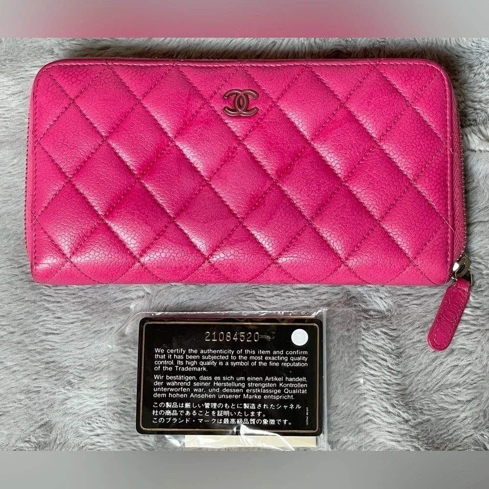 Chanel Pink Caviar Zip Around Quilted Leather Zip Around Long Wallet